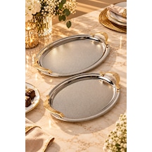 2 Li Paslanmaz Çelik Gold Oval Tepsi Seti Desenli Servis Ve Sunum Tepsisi, Kararmaz, Solmaz Gümüş - 782717727 Gümüş