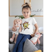 Sevbano Tatlı Süngerbob Baskılı Unisex Çizgi Film Çocuk Tişört 1-12 Yaş Beyaz
