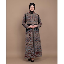 Dik Yakalı Fermarlı Kapamalı Çift Yüzlü Nakışlı Geleneksel Kadın Elbise M-3xl C100011-turkuaz