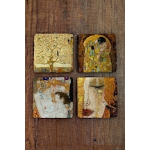 Doğal Taş Bardak Altlığı Gustav Klimt Eserleri Baskılı 4'lü Set - Stone Coasters Çok Renkli