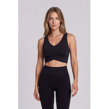 Vitrin Önü Büzgülü Crop Sporcu Atlet Siyah