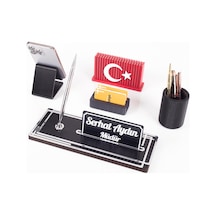 Vera Türk Bayraklı Gümüş Ahşap Masa İsimliği Seti Çizgi Desenli Ofis Dekoratif Masa Üstü İsimlik