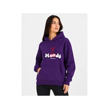 Herkesemoda Kiraz Baskılı Kapüşonlu 2 İplik Şardonlu Sweatshirt Mor