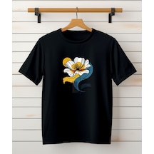 Aselinda Çiçek Baskılı Tasarım Tshirt-bisiklet Yaka Pamuklu Siyah /beyaz Tişört Siyah