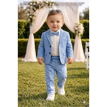 Baby Kids Colors Flamlı Keten Salaş Ceketli Takım Elbise/gömlek Pantolon Ceket Papyon Mavi