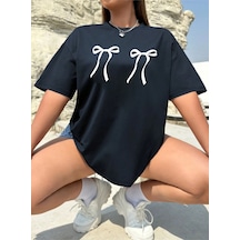 Kadın Çift Kurdele Baskılı Bisiklet Yaka Tshirt Lacivert