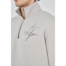 Barlashive Erkek Yarım Fermuarlı Baskılı 3 İplik Pamuklu Sweatshirt - Boyalı Gri Çok Renkli