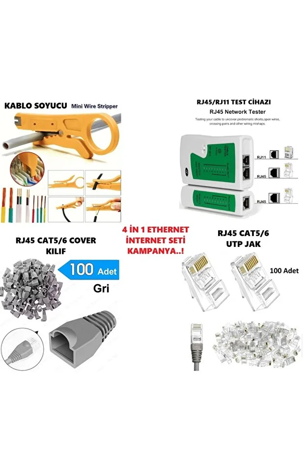 4 İn 1 Set4 100 Adet Cat5/6 8p8c Jak + Kablo Soyucu + Rj45 Rj11 Test Cihazı + 100 Adet Cover Kılıf Network Set