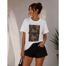 Leopar Desen Baskılı Oversize T-shirt Kahverengi - Beyaz