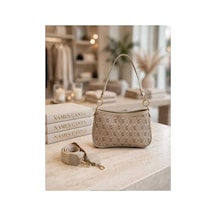 Names Bag Kadın Lüks Tasarım Monogram/desenli Çift Askılı Kumaş/deri Detaylı El Ve Omuz Çantası Krem