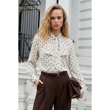 Sateen Puantiye Desenli Fularlı Gömlek - Ekru-kahve-138030