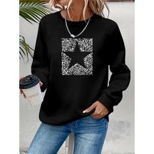 Kadın Uzun Kollu Bisiklet Yaka Desenli Viskon Iki Iplik Bluz Siyah