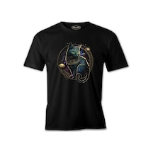Magical Cat İn Space With The Moon And Planets Siyah Erkek Tshirt 001