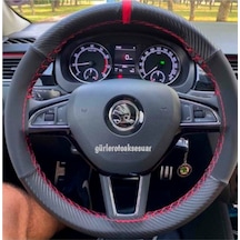 Skoda Super B Dikmeli Direksiyon Kılıfı Alkantra Karbon Kırmızı