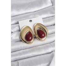 Pirinç Gold Renk Bordo Taşlı Damla Model Vintage Kadın Küpe - Bordo