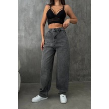 Füme Premium Yıkamalı Kemerli Baggy Jeans Füme
