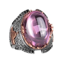 925 Ayar Gümüş Erkek Yüzüğü, Müslüman Camisi Pembe Topaz Yapay Taş Gümüş