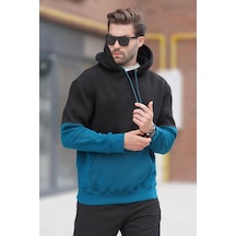 Madmext Siyah Kapüşonlu Renk Bloklu Baskı Detaylı Erkek Sweatshirt 7046 Siyah