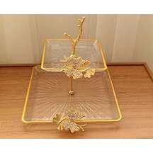 Elta Collection 2 Katlı Döküm Aksesuarlı Yaldız Detaylı Kare Servis Tabağı Sunumluk Kurabiyelik Şeffaf