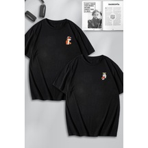 Unisex Kadın Erkek Sevimli Tavşan Ve Tilki Sevgili Çift Kombini Tasarım Oversize Tshirt 2'li Siyah1 Mck0124 Siyah