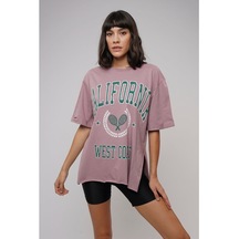Gabria Kadın California Baskılı Yırtmaçlı T-Shirt Gül