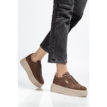 Bahrina Kadın Beyaz Cilt Kalın Taban Tokalı Sneaker Kahverengi