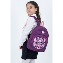 Mor Stitch Figürlü Kız Çocuk Anaokulu Sırt Çantası Çiçek Desenli, Ergonomik Kreş Çantası Mor