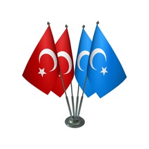 Masa Üstü Doğu Türkistan Bayrağı Türk Bayrağı Dörtlü Krom Direk M