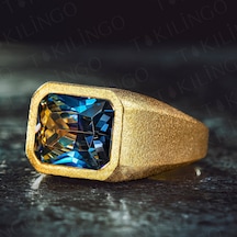 925 Ayar Gümüş Altın Kaplama Mavi Topaz Taşlı Sade Erkek Yüzük Altın