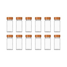 Bambu Kapaklı Cam Baharatlık Seti 12 Adet, Şeffaf Kare Baharat Kavanozu, Plastik Delikli İç Kapaklı Kontrollü Döküm Sistemi, 11x4x4 Cm Mutfak Düzenleyici Baharat Saklama Kabı Seti Çok Renkli