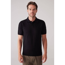 Erkek Siyah Slim Fit Kaşmir Karışımlı Polo Yaka Tişört