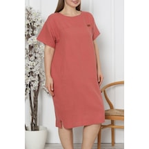 Kadın Tunik Gecelik Kısa Kollu Büyük Beden Cepli Keten Kiremit 92277 R11 Kiremit