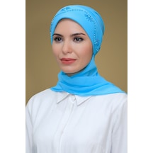 Hürrem Bone B. Mavisi Pratik Hazır Geçmeli Tesettür Bone Sandy Kumaş Güllü İşlemeli Şifon Atkılı 1206a 11 Buz Mavisi