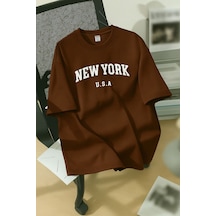 New York U.s.a. Baskılı Unisex Tişört Kahverengi