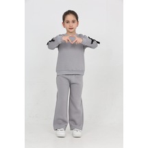 Erdem Kıds Kız Çocuk 3 İplik Şardonlu Kurdele Detaylı Basic Sweatshirt-bol Kesim Palazzo Eşofman Takım Gri Gri