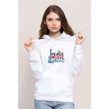 Peace Love Music Baskılı Beyaz Kadın Kapşonlu Sweatshirt