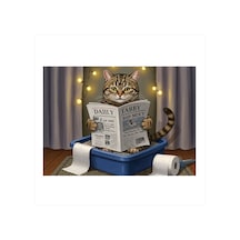 Gazete Okuyan Kedi Desenli Ahşap Tablo