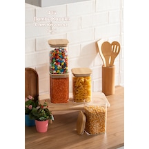 Porsima 6-4 Bambu Vakumlu Kapaklı Kare Borsilikat Cam 4lü Kavanoz Seti Saklama Kabı 1250ml 9,5x15cm