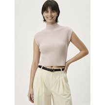 Neden Tekstil Kadın Yarım Balıkçı Yaka Fitilli Triko Kolsuz Crop Bluz - Açık Pembe