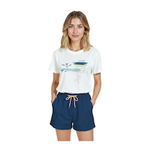 Kadın Beyaz Relaxed Fit %100 Pamuk Tişört Soyut Suluboya Deniz Beyaz