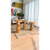 Rustik Mantar Sehpa Takımı 3 Lü Tik Renk Masif Ahşap Zigon Sehpa