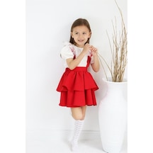 Kız Çocuk Helen Kırmızı Askılı Kat Kat Bağlama Jile Elbise Dantel Detay Kısa Kollu Bluz Takım