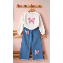 Kokoş Bebe Kız Çocuk Pembe Kelebek İşlemeli Sweatshirt Ve Bol Paça Kot Pantolon 2 Li Takım - 5/12 Yaş - 31969 Mavi
