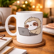 Laptoplu Tembel Hayvan Desenli Porselen Kupa Model 109 Sevimli Sloth Tasarımlı Kahve Kupası , Ofis &amp Ev İçin Eğlenceli Hediye Beyaz