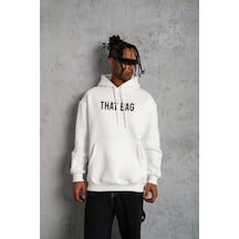 Erkek Kanguru Cep Baskılı Kapüşonlu Sweatshirt - Beyaz Beyaz