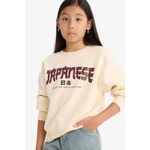 Defacto Kız Çocuk Relax Fit Bisiklet Yaka Baskılı İçi Yumuşak Tüylü Sweatshirt E6779a825wner134 Ekru