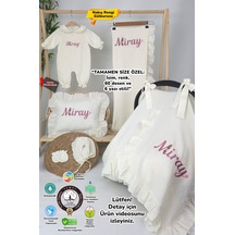 Gros Shop Müslin Yeni Doğan 4katlı Organik %100pamuk Kişiye Özgü Nakışlı Hastane Çıkış Seti Papatya Model-12 Ekru-1