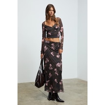 Grımelange Beulah Kadın Maxi Boy Slim Fit Beli Lastikli Tül Batik Desenli Kahverengi-çiçek Desenli E Kahverengi-çiçek Desenli