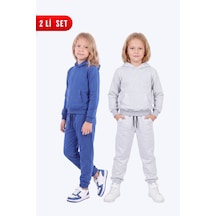 Panios Kids 2'li Kız Çocuk Düz Kanguru Cepli Kapüşonlu 4 Parça Eşofman Takımı Sax-gri