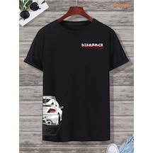 Unisex Oversize Distance Baskılı Siyah T-shirt Siyah